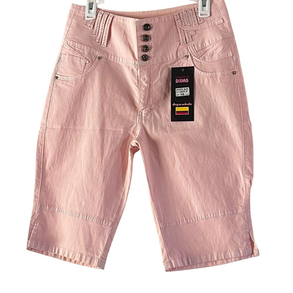 Divas Pink High-Waisted Capri Pants Button Fly Casual‎ Summer Shorts Size 13